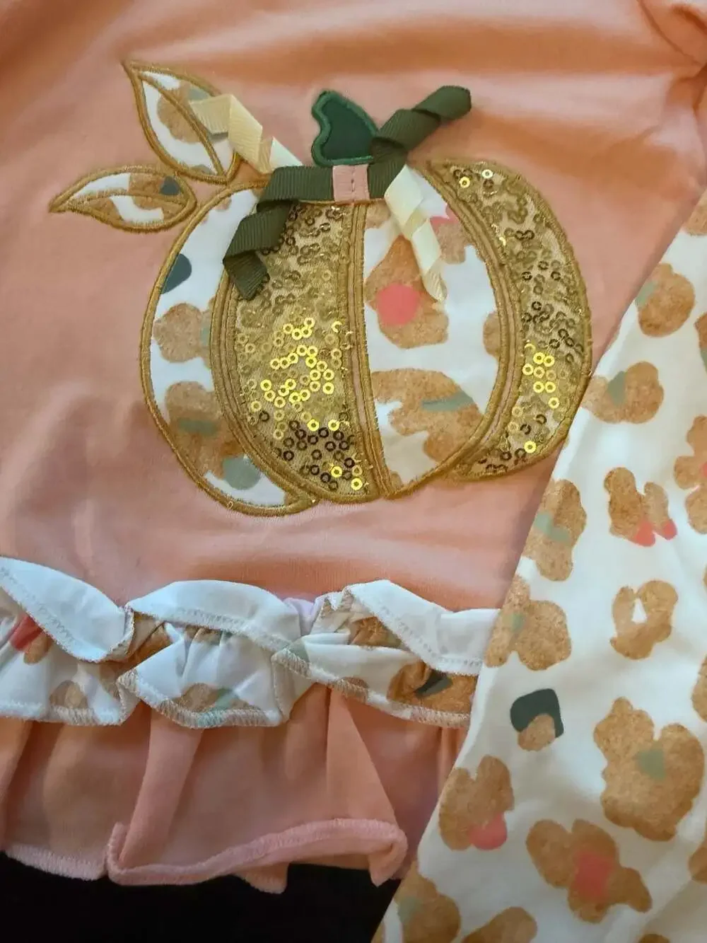 Clothing Peach & Gold Sequin Leopard Pumpkin Ruffle Outfit